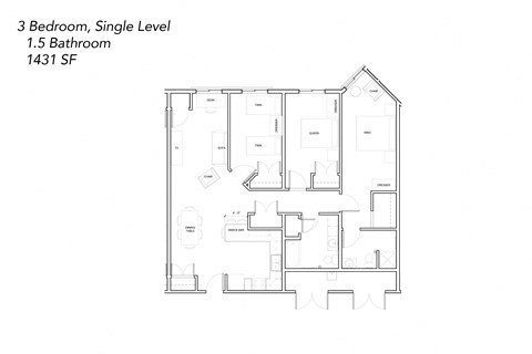 Floor plan for 3 beds, 1.5 baths, 1431 sqft
